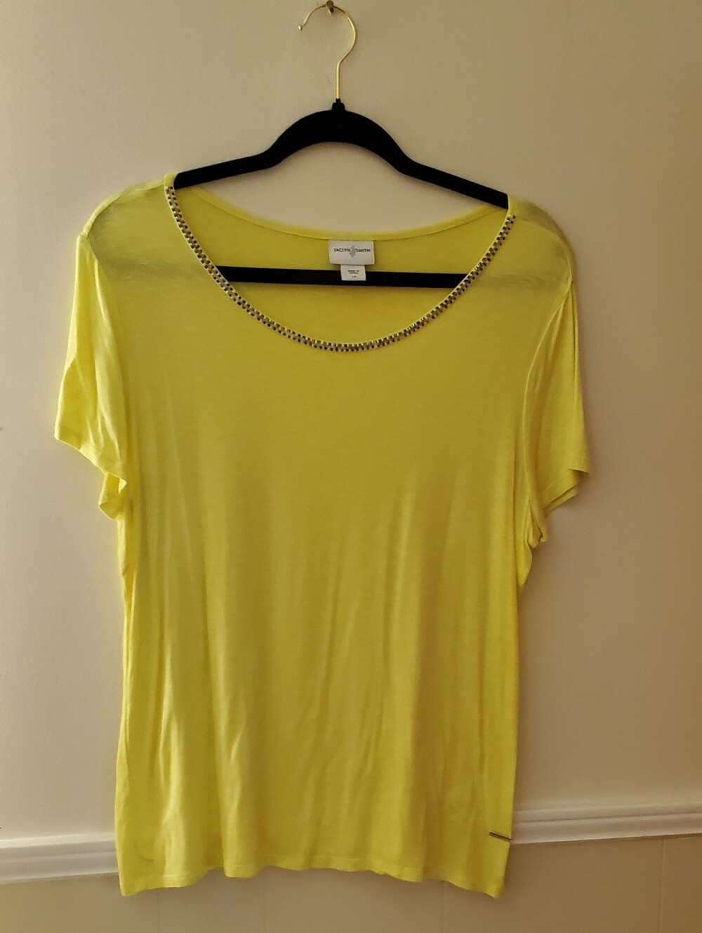 Jaclyn Smith Bright Yellow Short Sleeve Scoop Neck Top with Embellished Trim